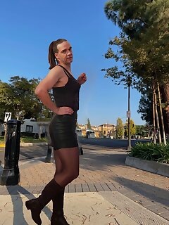 Brunette Sweet Jana Tease Sexy In A Hot Leather Mini Skirt In Public